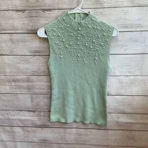 VINTAGE ONCE AGAIN SLEEVELESS BEADED RIBBED‎ TOP IN PALE GREEN